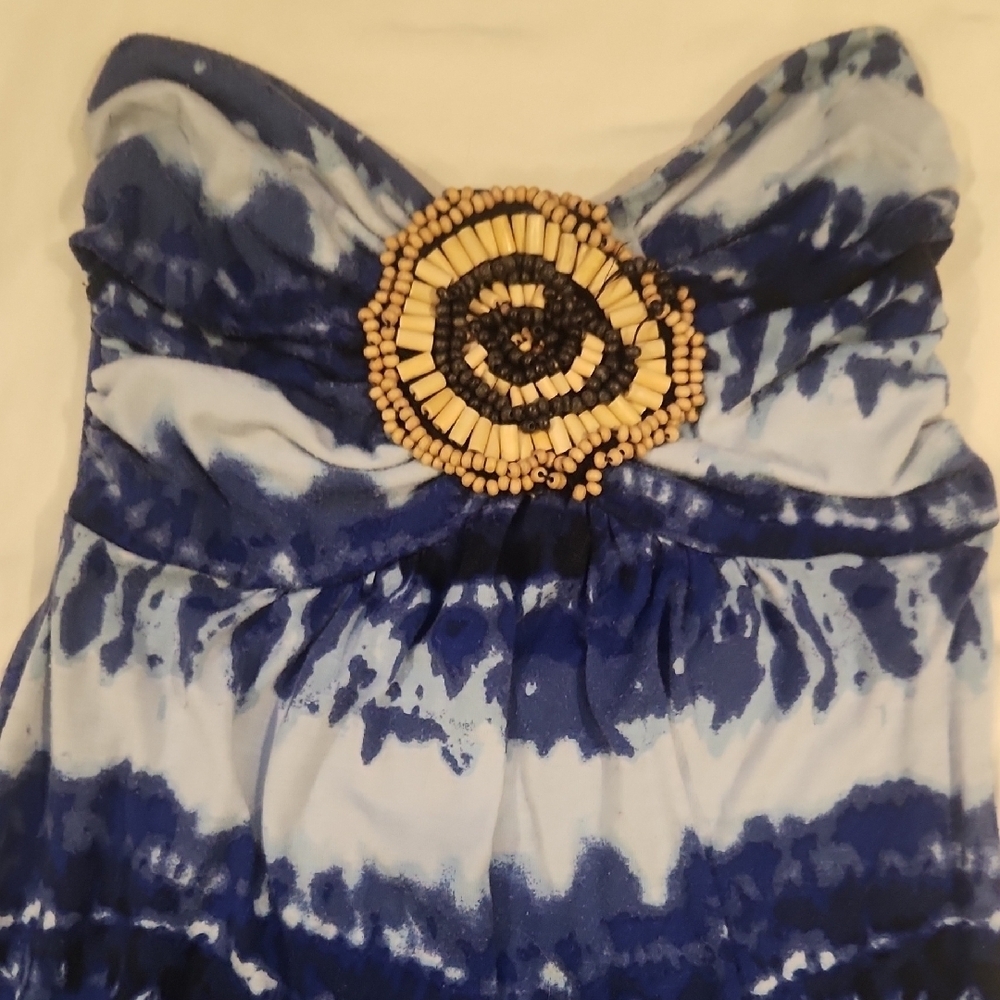 Blue and White Strapless Maxi Dress - Picture 2 of 6
